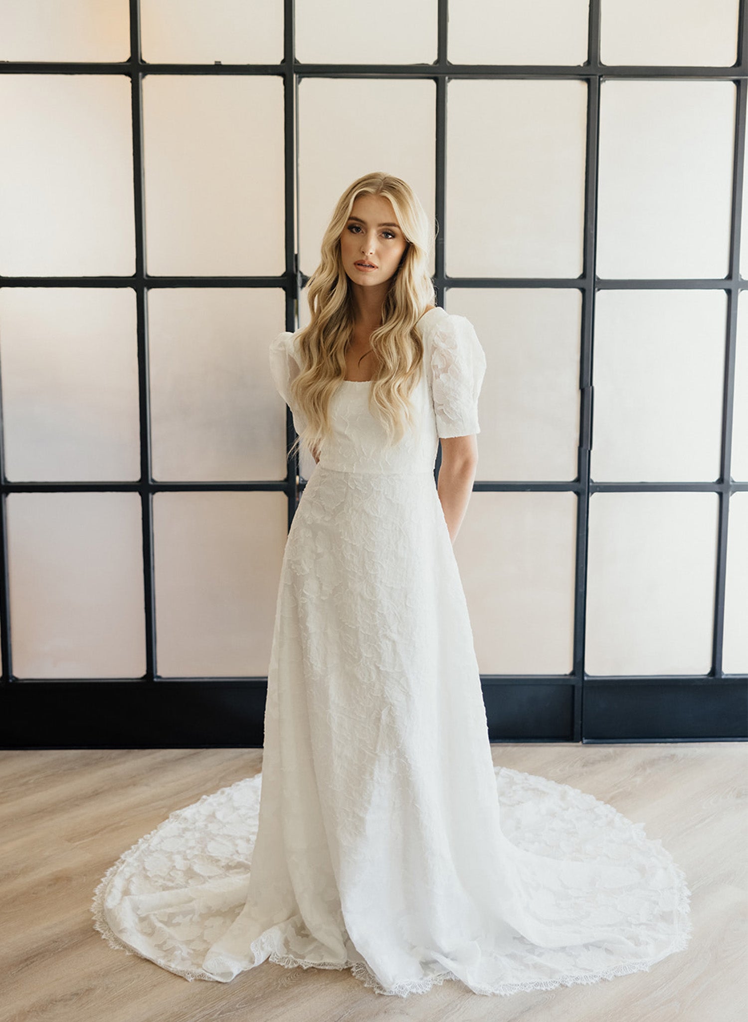 Riley Wedding Dress | Floral Organza Puff Sleeve Bridal Gown